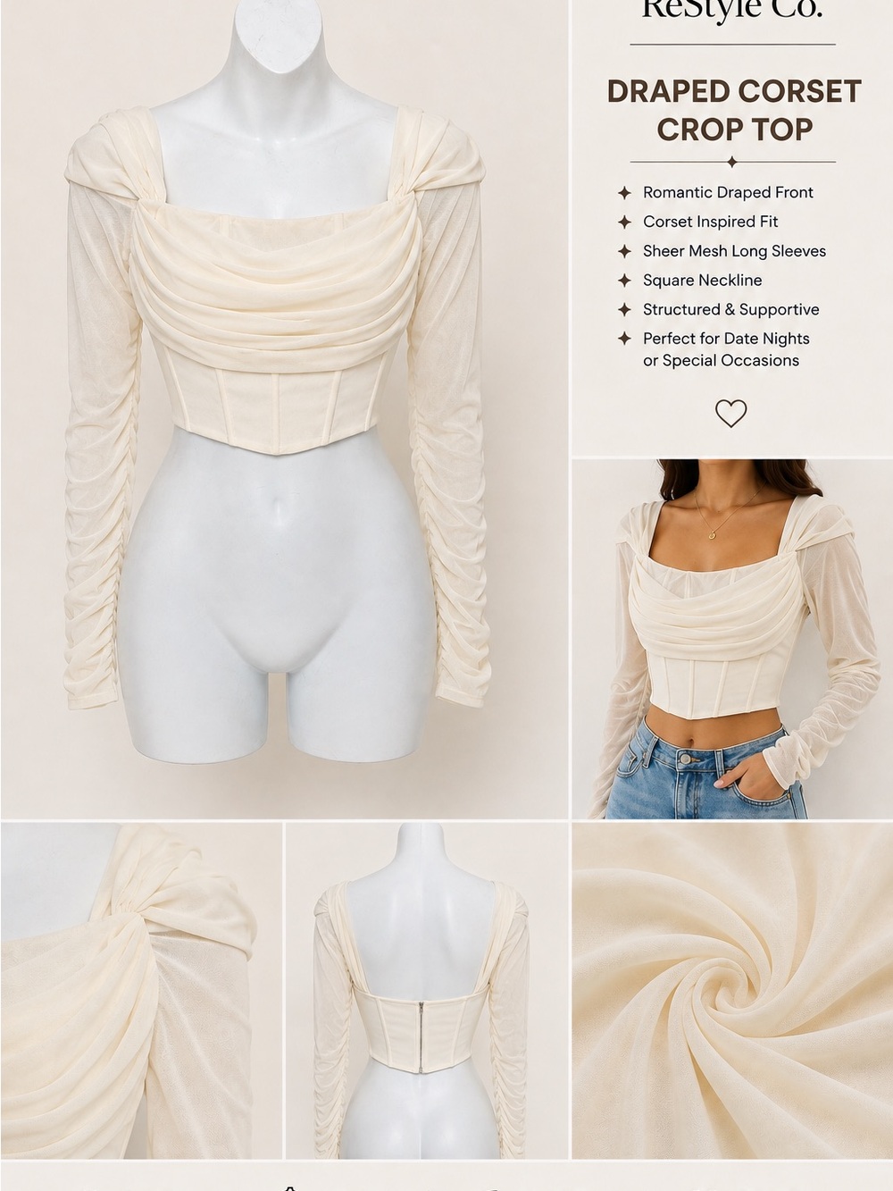 Draped Corset Crop Top - Cream